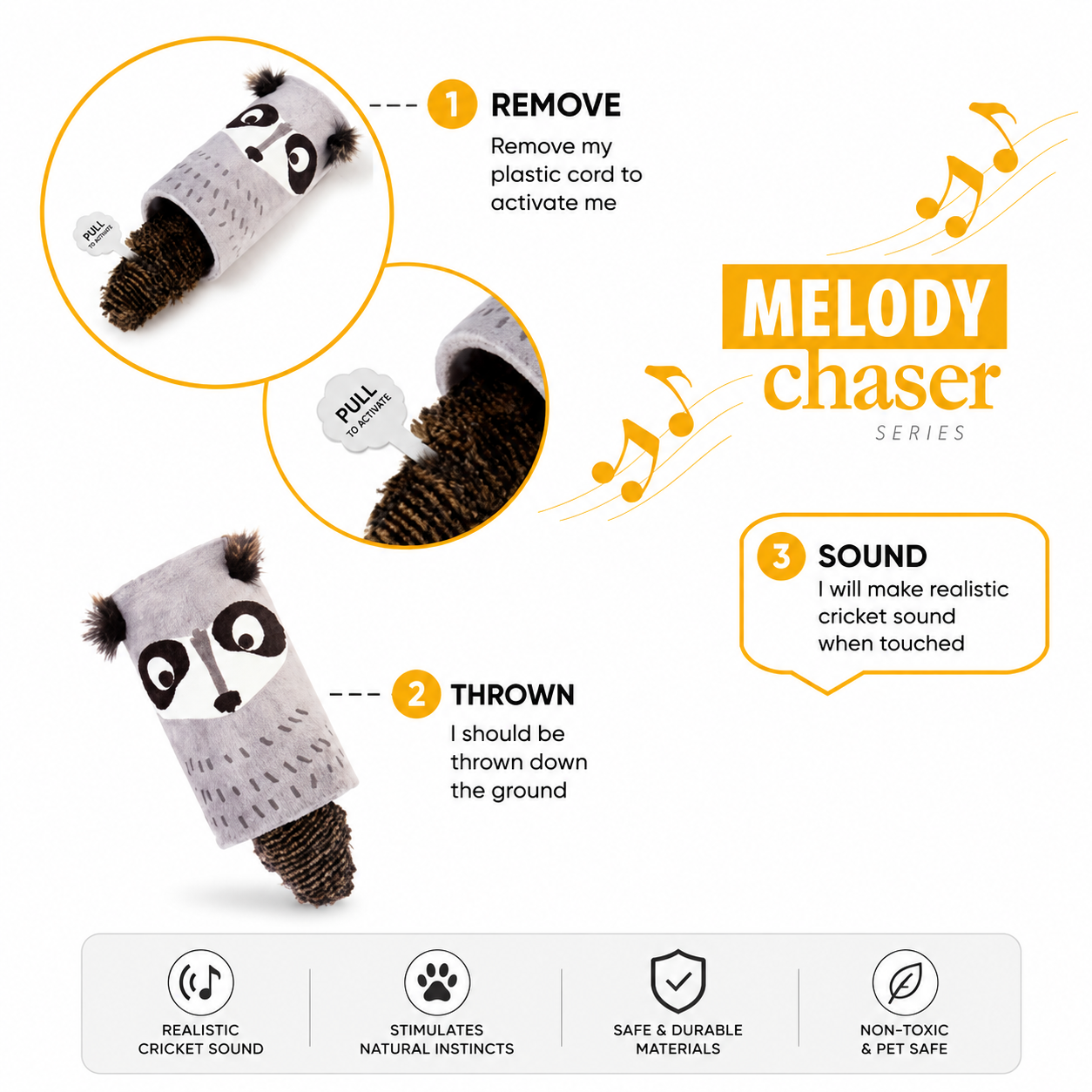 Melody Tube Melody Chaser Racoon w/ Sound Chip Cat Toy