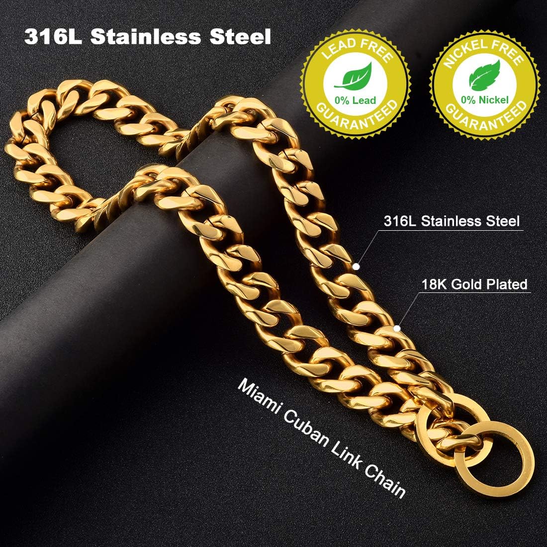 Dog Collar Plated Gold Stainless Steel Cuban Curb Link Chain