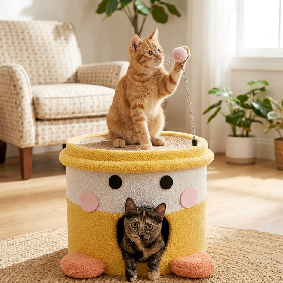 Cat Pet House and Scratch Pad Bowl Interactive Fleece Ball Toy
