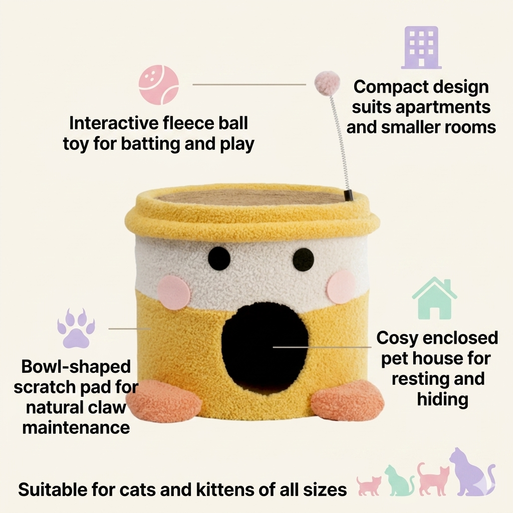 Cat Pet House and Scratch Pad Bowl Interactive Fleece Ball Toy