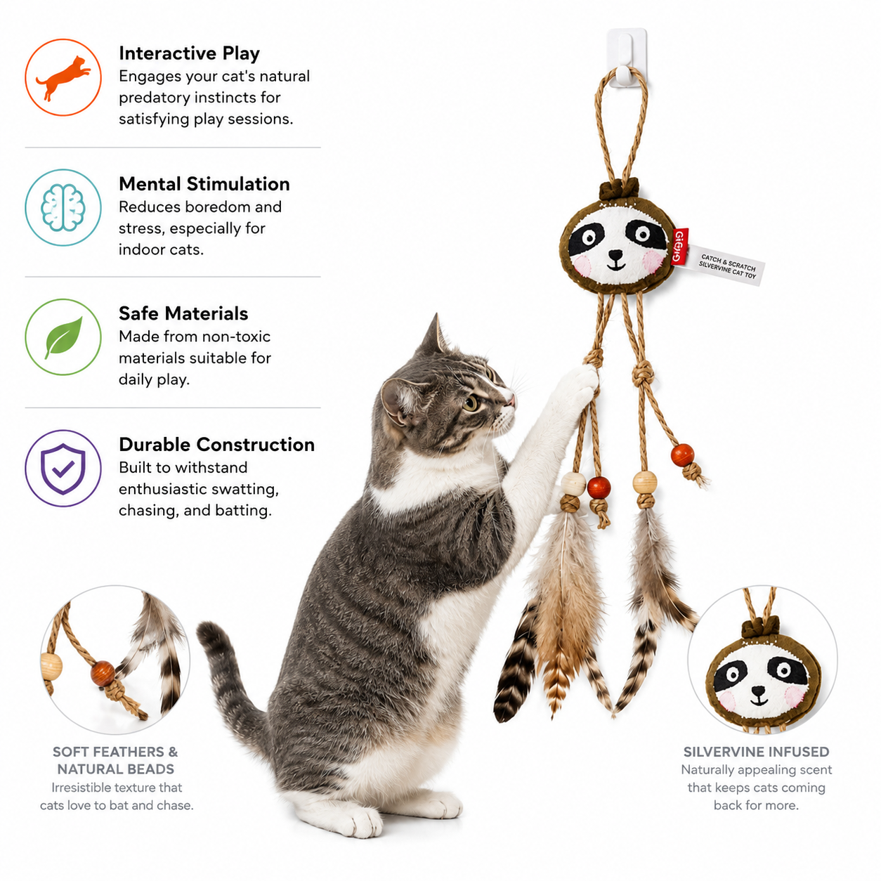 Catch and Scratch Silvervine Cat Plush and Feather Toy