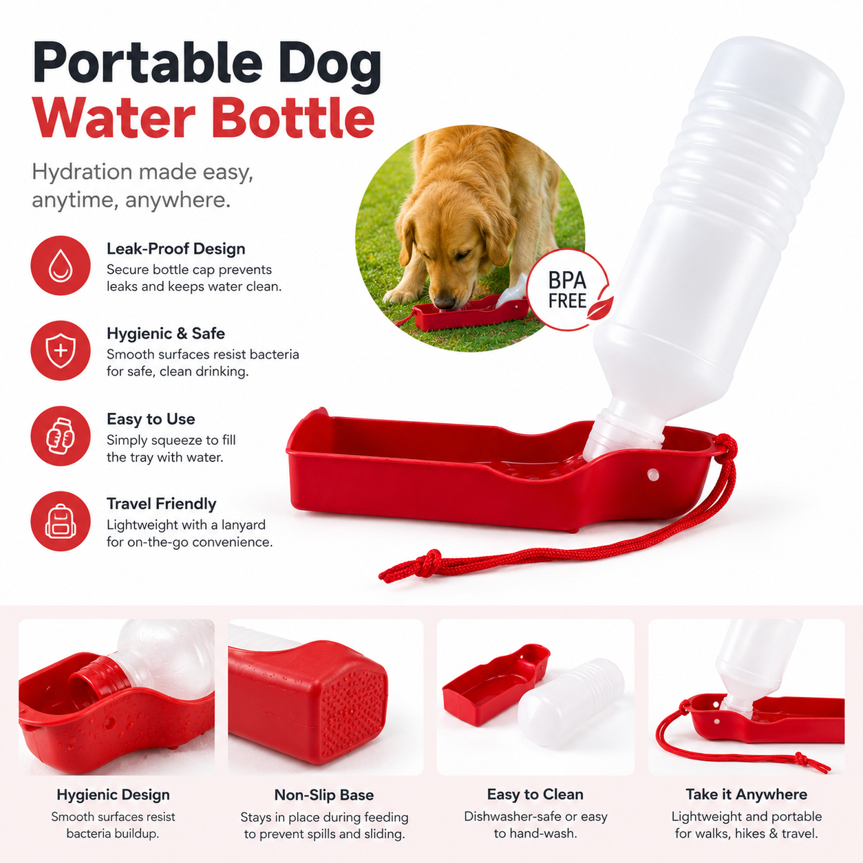 Dog Water Bottle 500ML Foldable Dog Water Dispneser BPA Free - Red