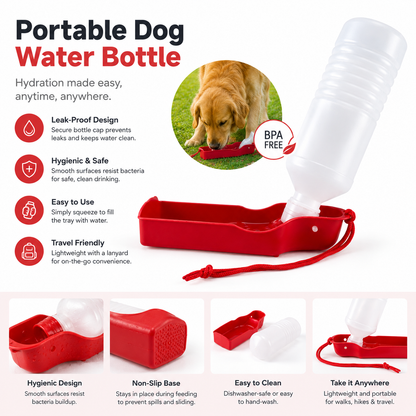 Dog Water Bottle 500ML Foldable Dog Water Dispneser BPA Free - Red