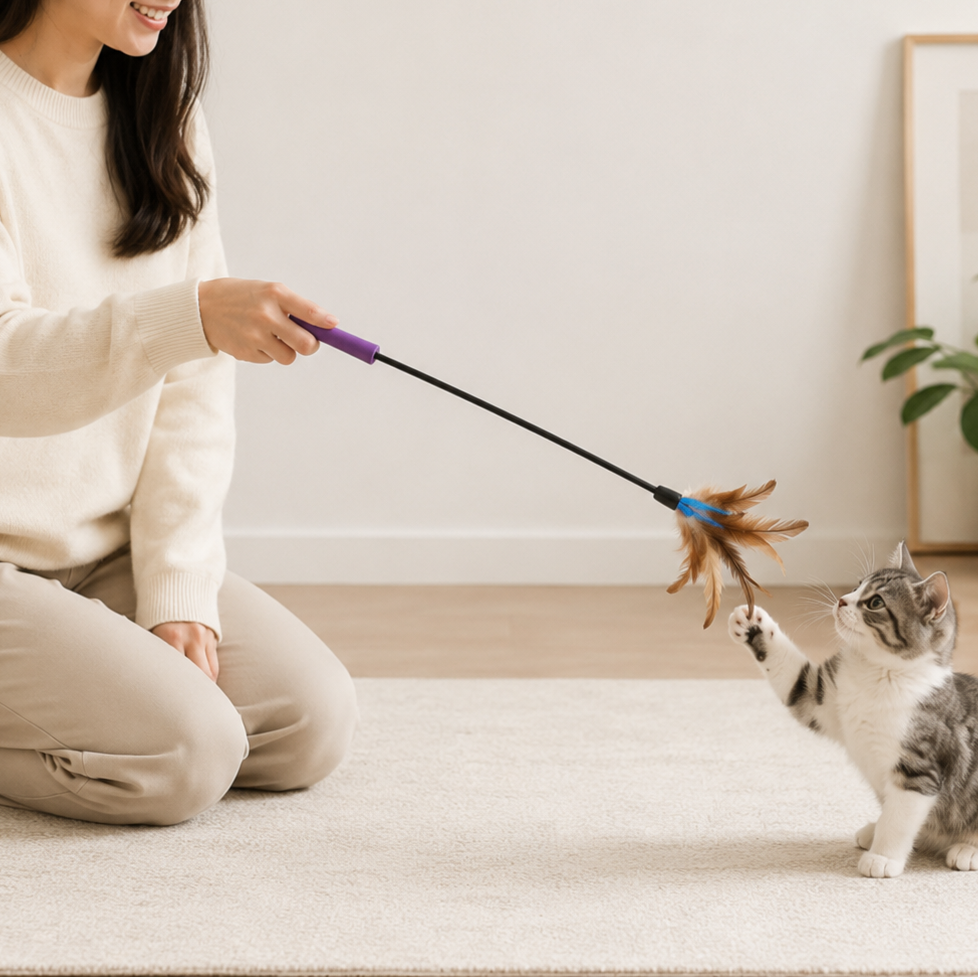 Natural Feather Cat Toy Feather Wand Wire Chaser Wand Teaser