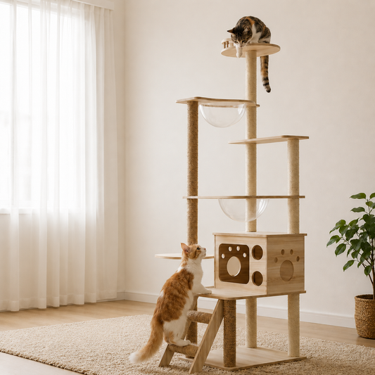 Wooden Cat Tree with Space Domes Sisal Columns and Cat House M8