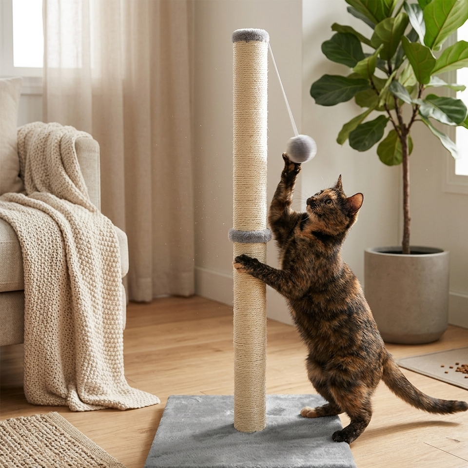 Fluffy Sisal Cat Pet Scratch Post with Sling Fluff Ball Toy