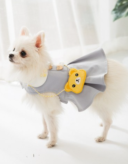 Kawaii Bear Dress for Dogs - Gray Peter Pan Collar with Yellow Bear Bag