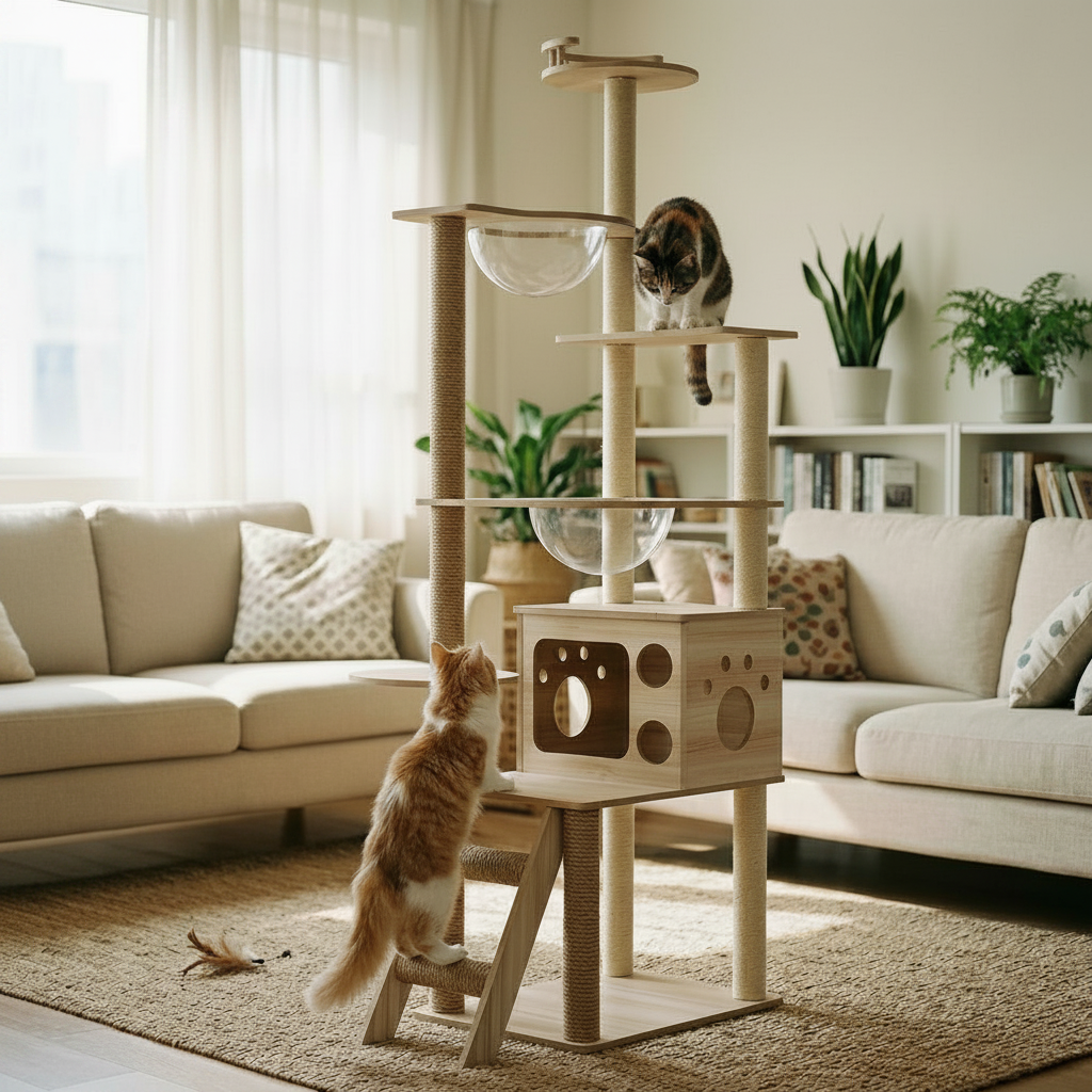Wooden Cat Tree with Space Domes Sisal Columns and Cat House M8