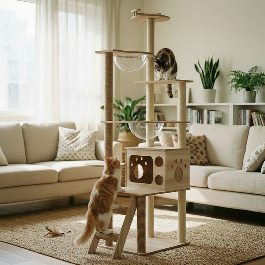 Wooden Cat Tree with Space Domes Sisal Columns and Cat House M8