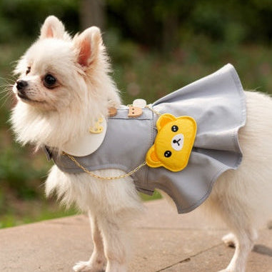 Kawaii Bear Dress for Dogs - Gray Peter Pan Collar with Yellow Bear Bag