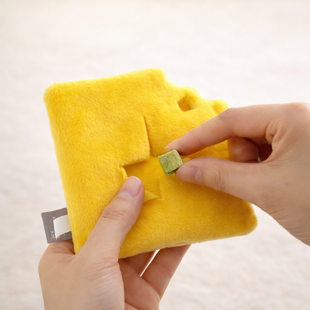 Treat Dispensing Cheese Dog Pet Plush Toy Soft and Interactive