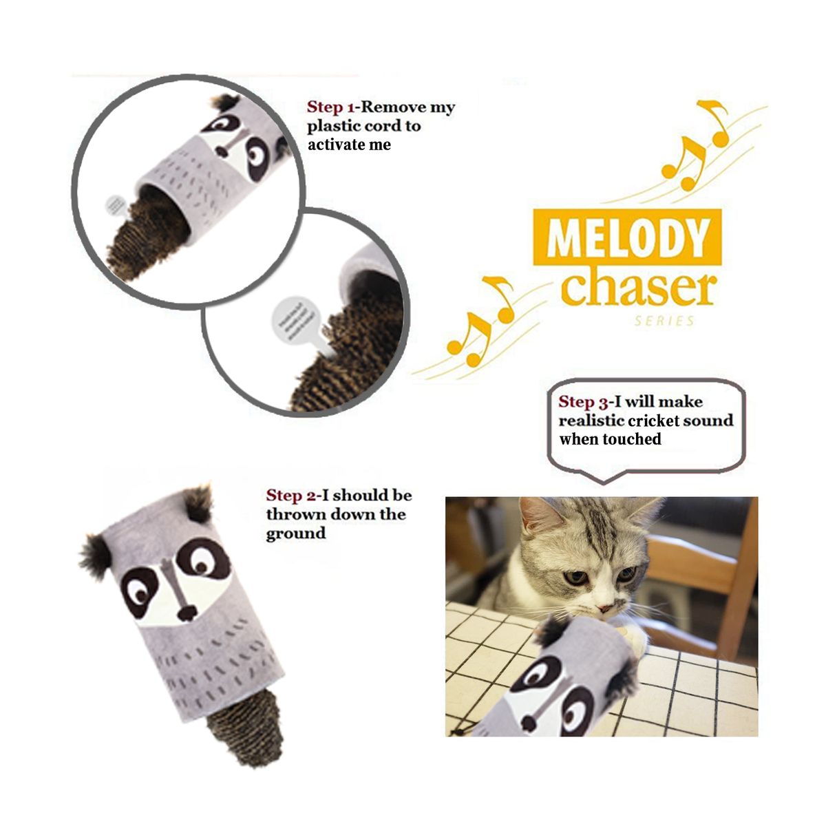 Melody Tube Melody Chaser Racoon w/ Sound Chip Cat Toy