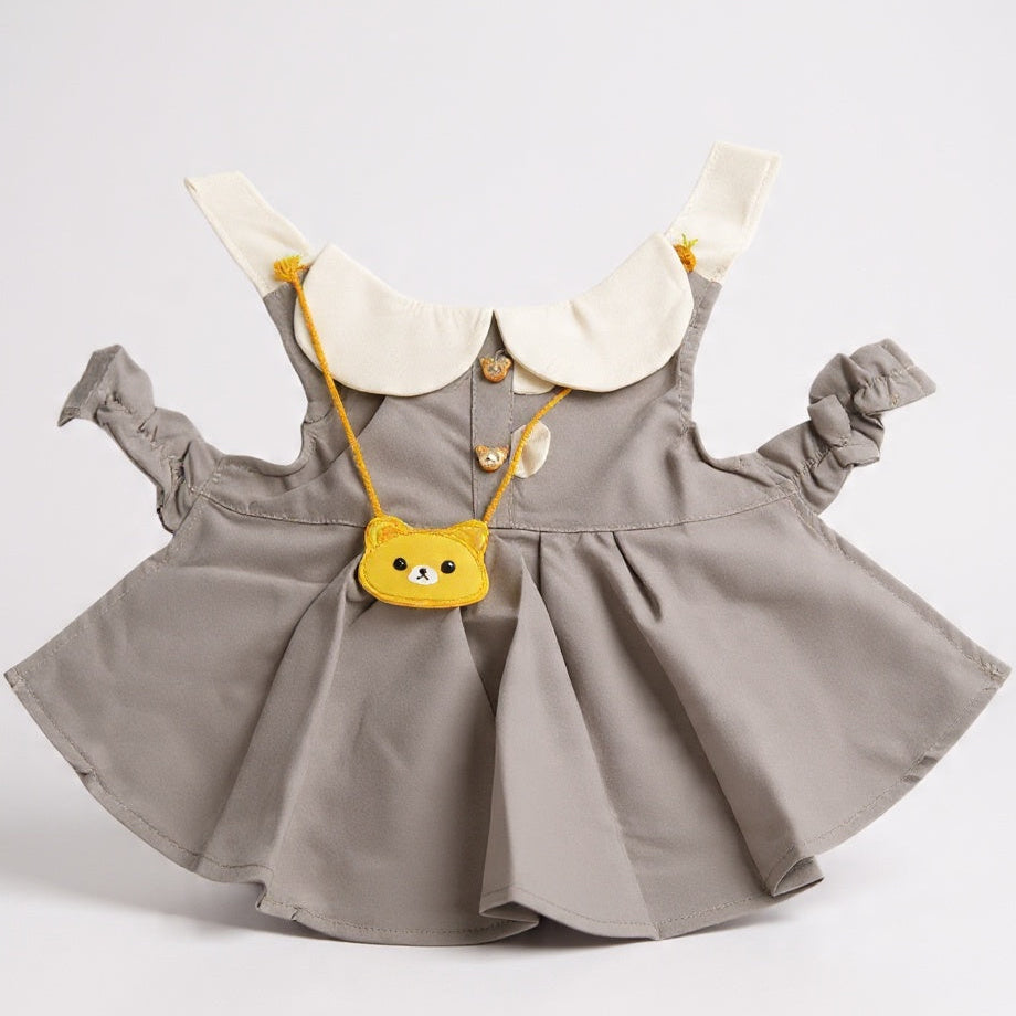 Kawaii Bear Dress for Dogs - Gray Peter Pan Collar with Yellow Bear Bag