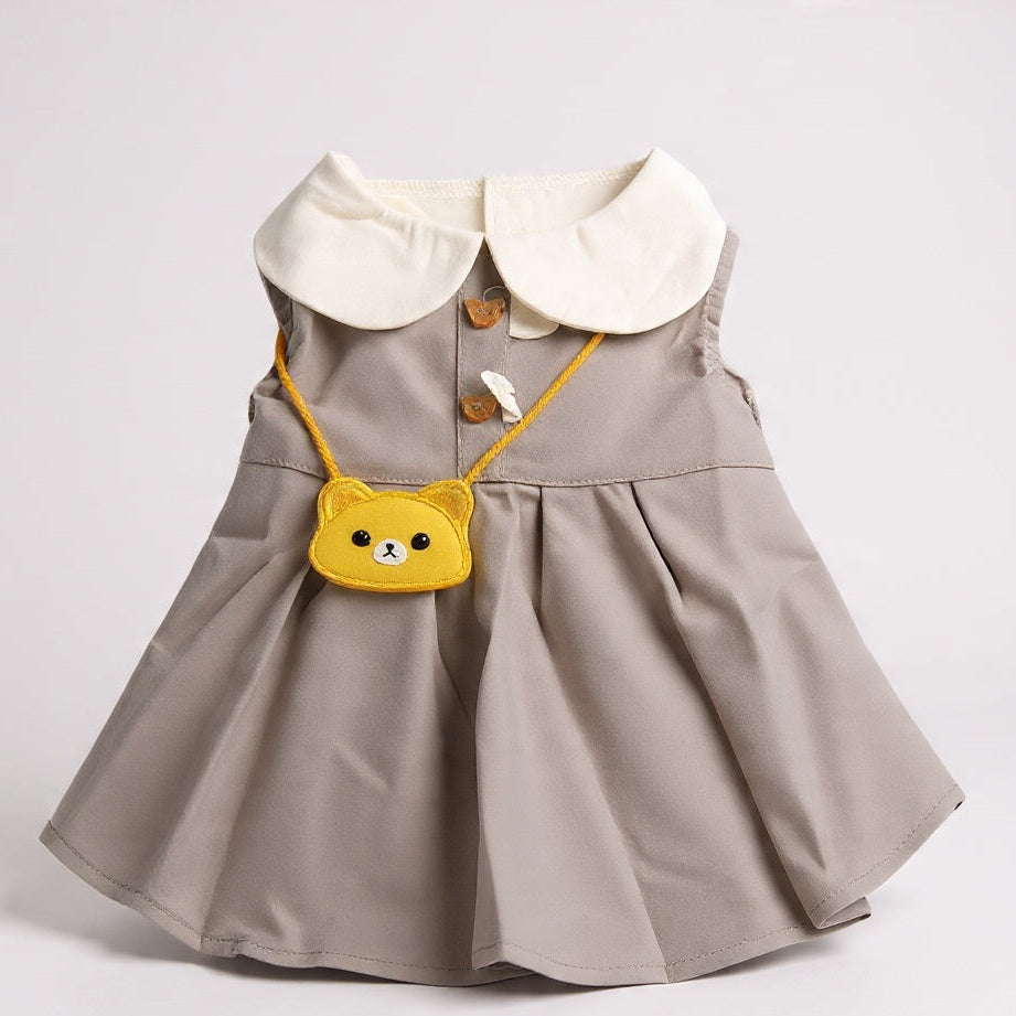 Kawaii Bear Dress for Dogs - Gray Peter Pan Collar with Yellow Bear Bag