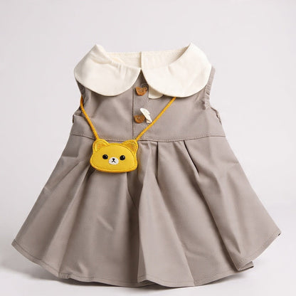Kawaii Bear Dress for Dogs - Gray Peter Pan Collar with Yellow Bear Bag