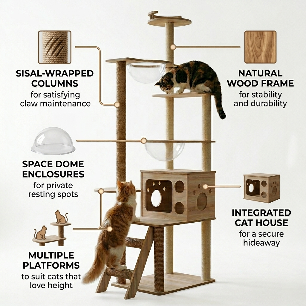 Wooden Cat Tree with Space Domes Sisal Columns and Cat House M8